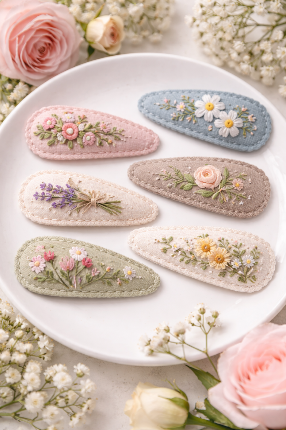 Květinové vyšívané sponky na talíři